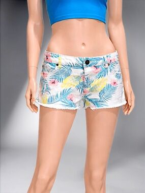 Tropical Print Women’s White Denim Shorts